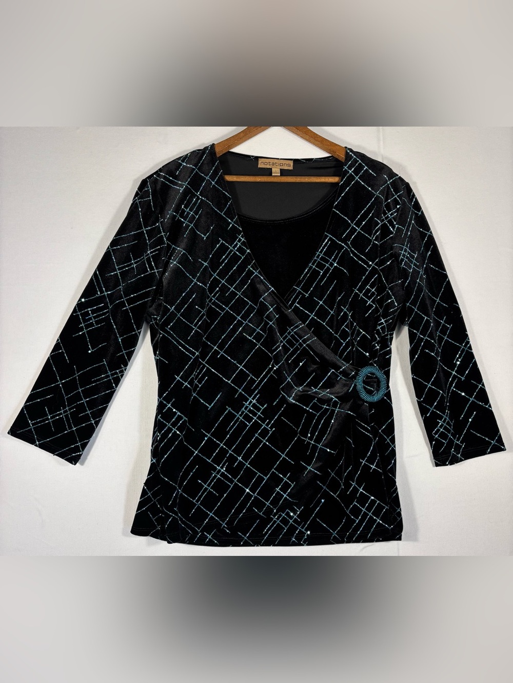 Notations Women’s Large Black Velvet Wrap Top with Teal Grid Print Long Sleeves